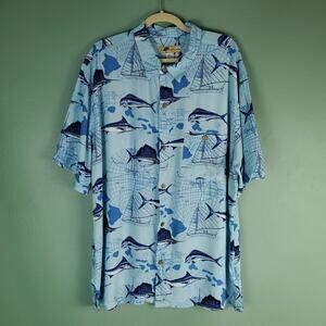 Joe Marlin Fish Sailboat Hawaiian Blue Button Up Shirt Size XXL